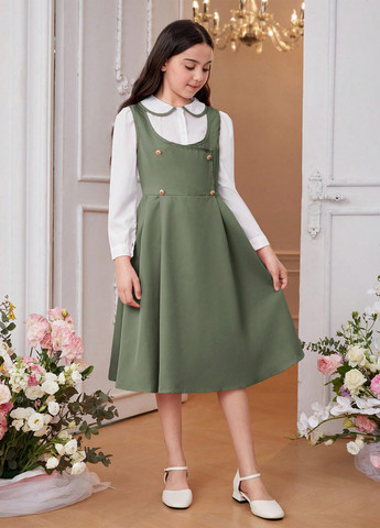 Фісташковий демісезонний комплект (блуза, сарафан) SHEIN