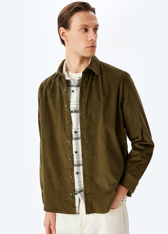 Оливковковая (хаки) кэжуал рубашка однотонная KOTON