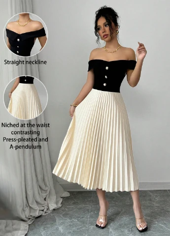 Кремова кежуал сукня з відкритими плечима, плісована SHEIN колор блок
