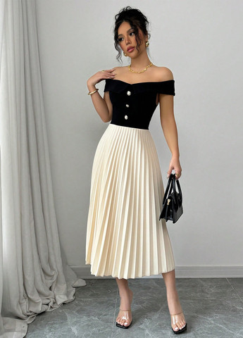 Кремова кежуал сукня з відкритими плечима, плісована SHEIN колор блок