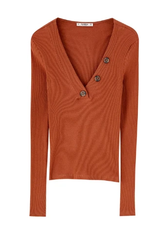 Коричневий лонгслів,коричневий, пуловер Pull & Bear