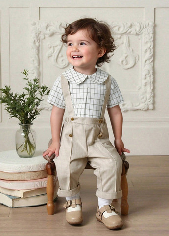 Светло-бежевый летний комплект (рубашка, брюки, комбинезон) SHEIN