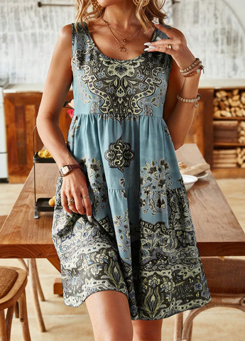 Голубое кэжуал платье а-силуэт SHEIN с рисунком