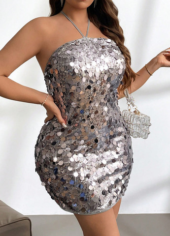 Серебряное коктейльное, вечернее платье с открытой спиной SHEIN однотонное