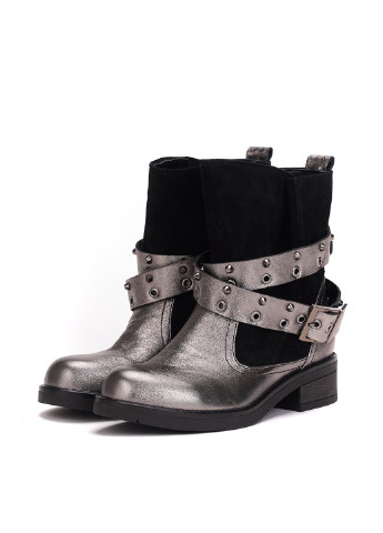 Серебряные женские ботинки без шнурков с заклепками, с пряжкой