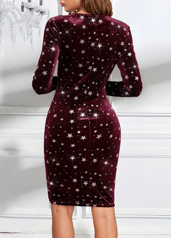Бордовое кэжуал платье футляр SHEIN звезды