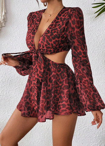 Комбинезон SHEIN комбинезон-шорты леопардовый красный кэжуал полиэстер