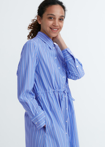 Голубое кэжуал платье рубашка Uniqlo в полоску