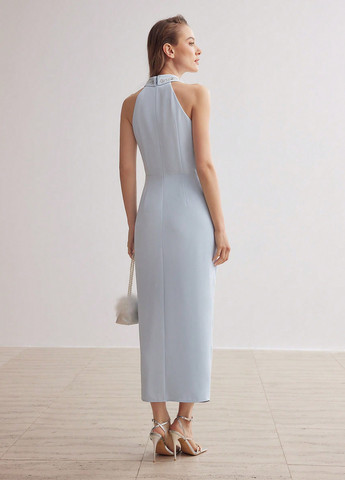 Голубое вечернее платье на запах SHEIN однотонное