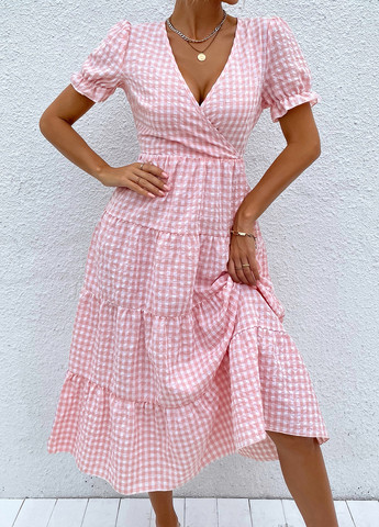 Светло-розовое кэжуал платье с юбкой-солнце, в стиле ампир SHEIN в клетку