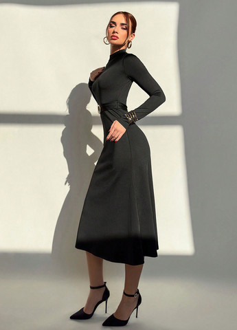 Черное праздничный, вечернее, деловое платье клеш, платье-водолазка, а-силуэт SHEIN однотонное