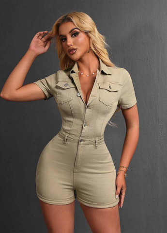 Комбінезон SHEIN комбінезон-шорти однотонний кремовий джинсовий, кежуал бавовна, джинс