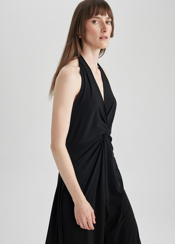 Черное кэжуал платье на запах, с открытой спиной DeFacto однотонное