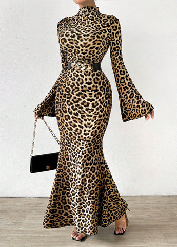 Бежевое праздничный, вечернее, кэжуал платье силуэтная, годе, а-силуэт SHEIN леопардовый
