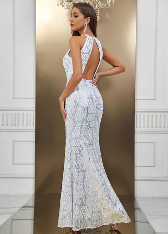 Белое праздничный платье с открытой спиной SHEIN с абстрактным узором