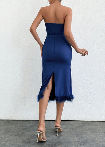 Темно-синя вечірня сукня з відкритими плечима SHEIN однотонна