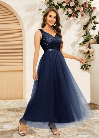 Темно-синее вечернее платье с пышной юбкой SHEIN однотонное