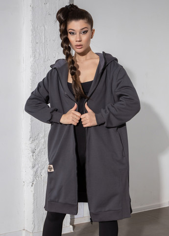 Серое кэжуал платье длинное утепленное на молнии с капюшоном оверсайз TOTALFIT однотонное