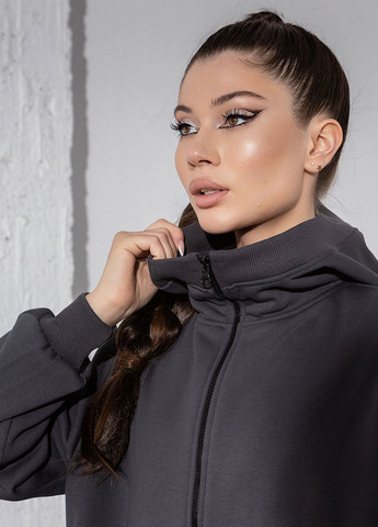 Серое кэжуал платье длинное утепленное на молнии с капюшоном оверсайз TOTALFIT однотонное