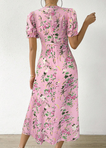 Розовое кэжуал платье клеш SHEIN с цветочным принтом