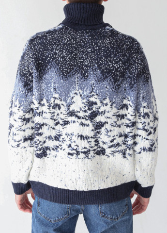 Синій зимовий светр чоловічий синій зимовий принт з вовком Pulltonic Прямая