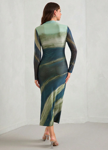 Зеленое вечернее, кэжуал платье для беременных платье-водолазка SHEIN с абстрактным узором