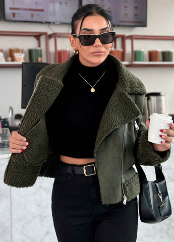 Оливкова (хакі) демісезонна куртка байкерська, косуха SHEIN