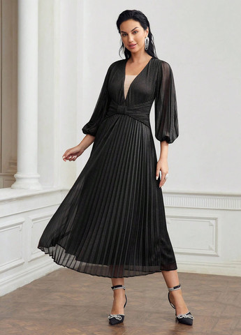 Черное кэжуал, вечернее платье плиссированное SHEIN однотонное