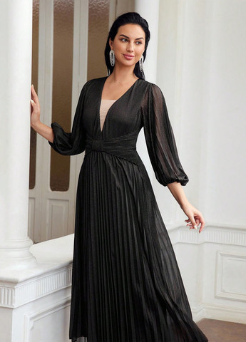 Черное кэжуал, вечернее платье плиссированное SHEIN однотонное