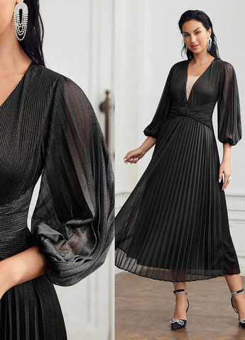 Черное кэжуал, вечернее платье плиссированное SHEIN однотонное