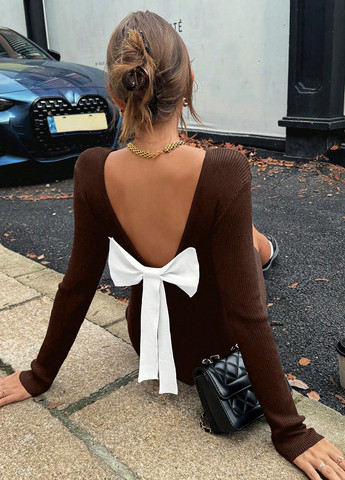 Темно-коричневое праздничный, вечернее, кэжуал платье платье-свитер, с открытой спиной SHEIN однотонное