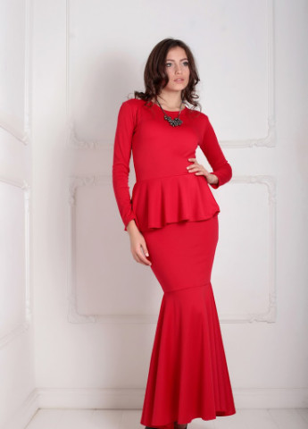 Червона кежуал елегантне вечірнє плаття-рибка з довгим рукавом і баскою на талії laura Podium однотонна