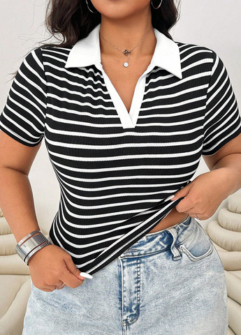 Черно-белая женская футболка-поло SHEIN в полоску