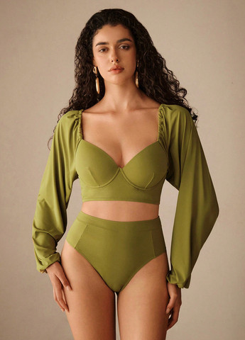 Оливковый летний купальник (лиф, трусики) топ, раздельный SHEIN