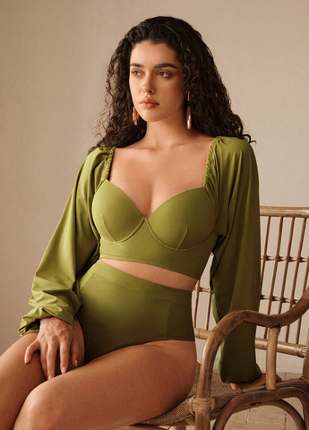 Оливковый летний купальник (лиф, трусики) топ, раздельный SHEIN