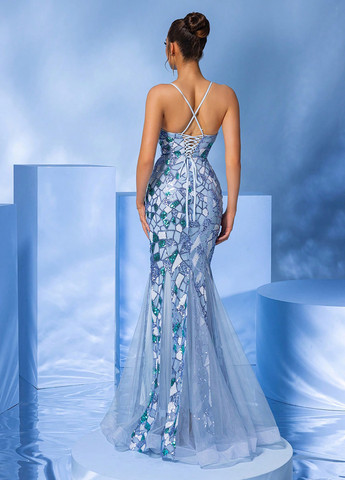 Голубое вечернее платье со шлейфом SHEIN однотонное