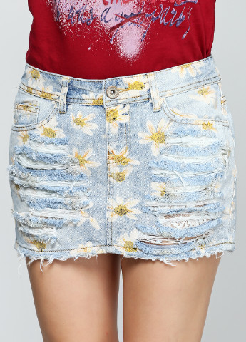Голубая джинсовая цветочной расцветки юбка Miss BonBon мини