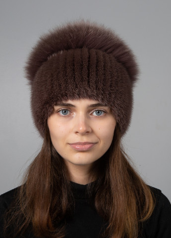 Женская зимняя шапка бини из натурального меха норки с большим помпоном из песца Меховой Стиль шарик (254953047)