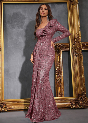 Рожево-лілова вечірня сукня на одне плече, зі шлейфом, годе, з відкритою спиною SHEIN однотонна