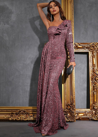 Рожево-лілова вечірня сукня на одне плече, зі шлейфом, годе, з відкритою спиною SHEIN однотонна