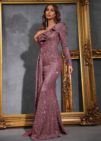 Рожево-лілова вечірня сукня на одне плече, зі шлейфом, годе, з відкритою спиною SHEIN однотонна