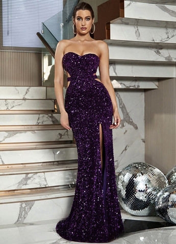 Темно-фиолетовое вечернее платье со шлейфом SHEIN однотонное