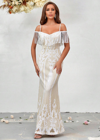 Світло-бежева вечірня сукня з відкритими плечима, годе SHEIN колор блок