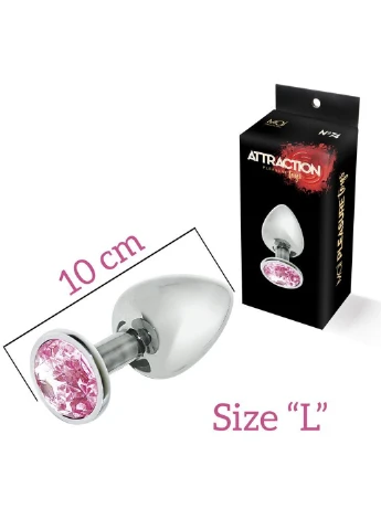 Металева анальна пробка з рожевим кристалом Attraction Toys №74, довжина 10см, діаметр 4см MAI (255073292)