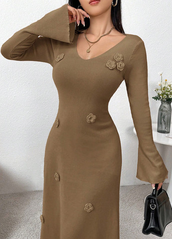 Кавова кежуал сукня кльош, сукня светр SHEIN однотонна