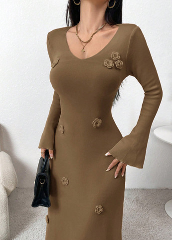 Кавова кежуал сукня кльош, сукня светр SHEIN однотонна