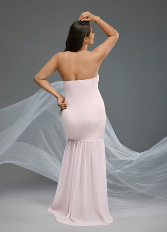 Світло-рожева вечірня, святковий сукня для вагітних з відкритими плечима SHEIN однотонна