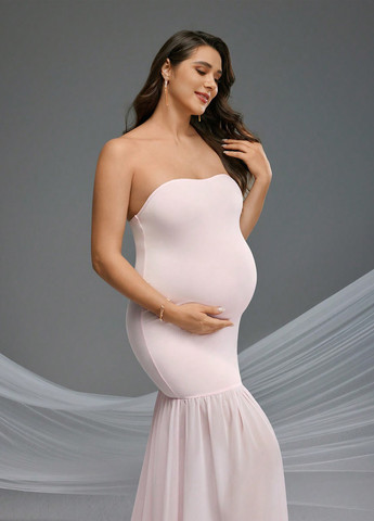Світло-рожева вечірня, святковий сукня для вагітних з відкритими плечима SHEIN однотонна