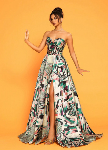 Зеленое вечернее платье с корсетом, со шлейфом, клеш SHEIN с абстрактным узором