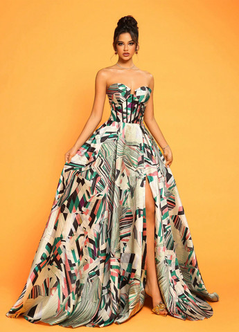 Зеленое вечернее платье с корсетом, со шлейфом, клеш SHEIN с абстрактным узором